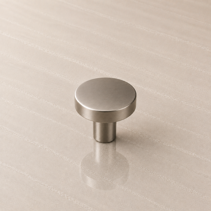 CBH 503 Minimalist Round Cabinet Knob in Pewter finish displayed on stone surface