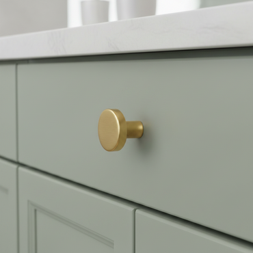 CBH 503 Minimalist Round Cabinet Knob in Satin Brass finish installed on painted cabinetry