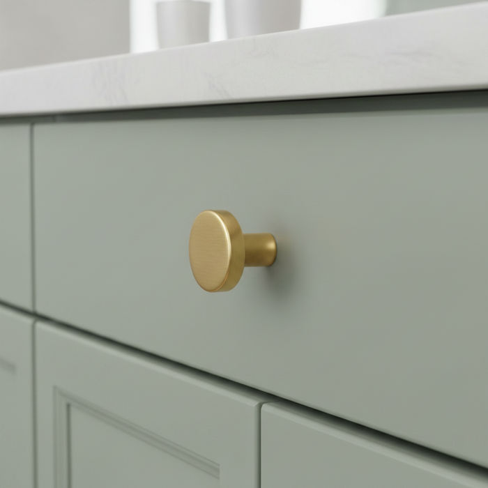 CBH 503 Minimalist Round Cabinet Knob in Satin Brass finish installed on painted cabinetry