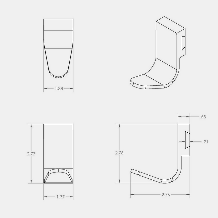 Technical line drawing showing multiple orthographic views of a small metal coat hook with dimensions labeled, on a light gray background.