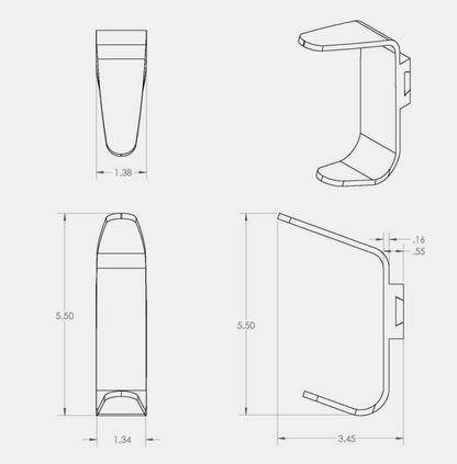 Technical line drawing showing multiple orthographic views and dimensions of a metal coat hook, with measurements.