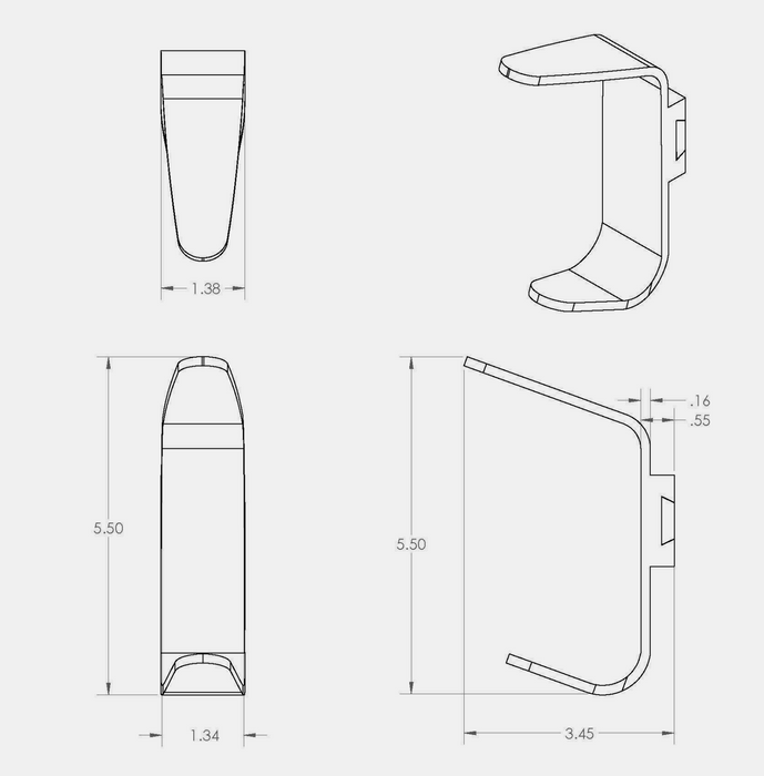Technical line drawing showing multiple orthographic views and dimensions of a metal coat hook, with measurements.