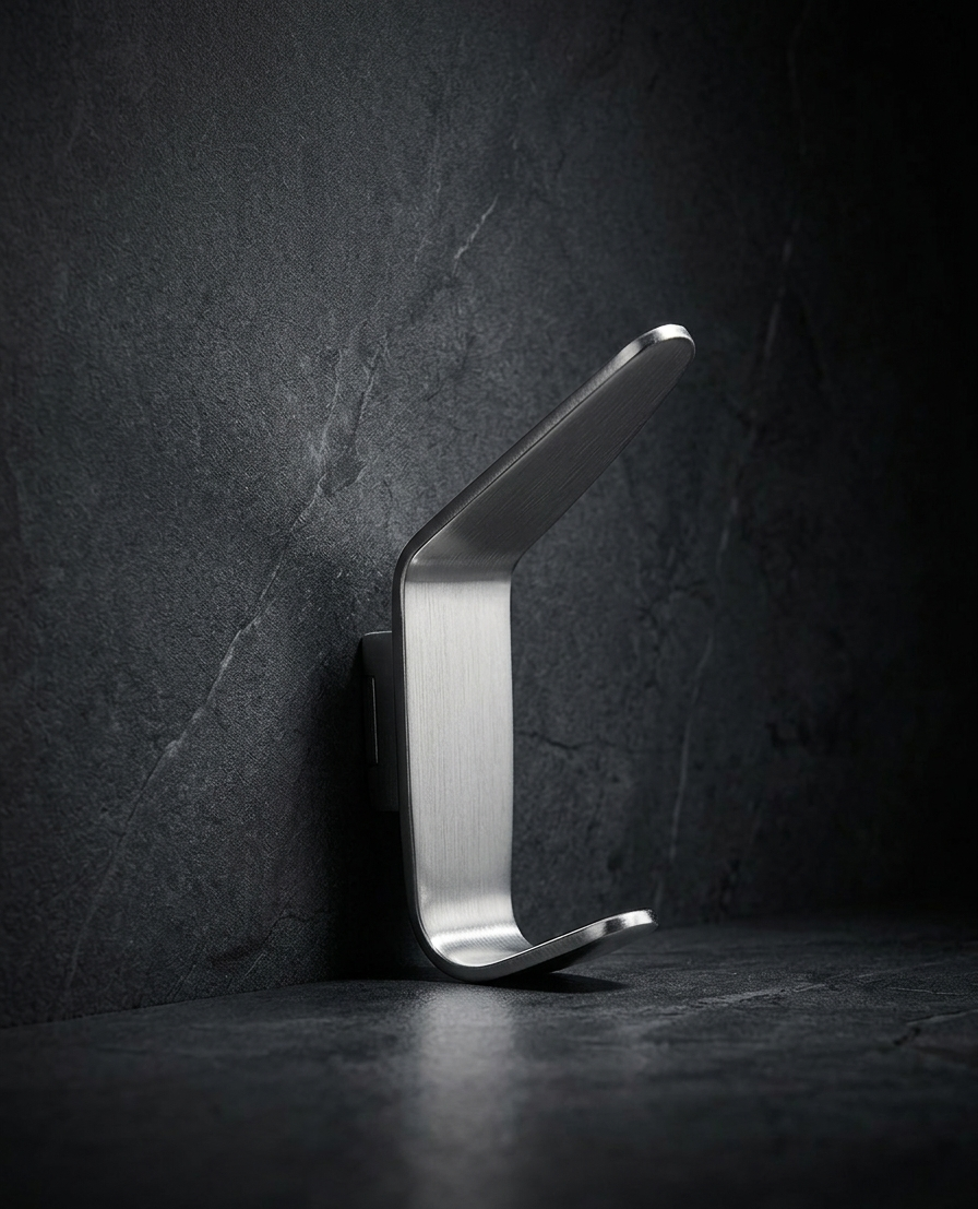 CBH 69 satin chrome modern wall coat hook on dark textured background