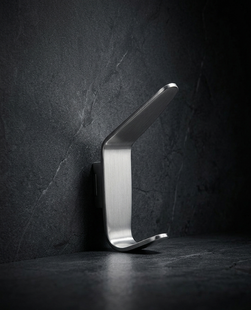 CBH 69 satin chrome modern wall coat hook on dark textured background