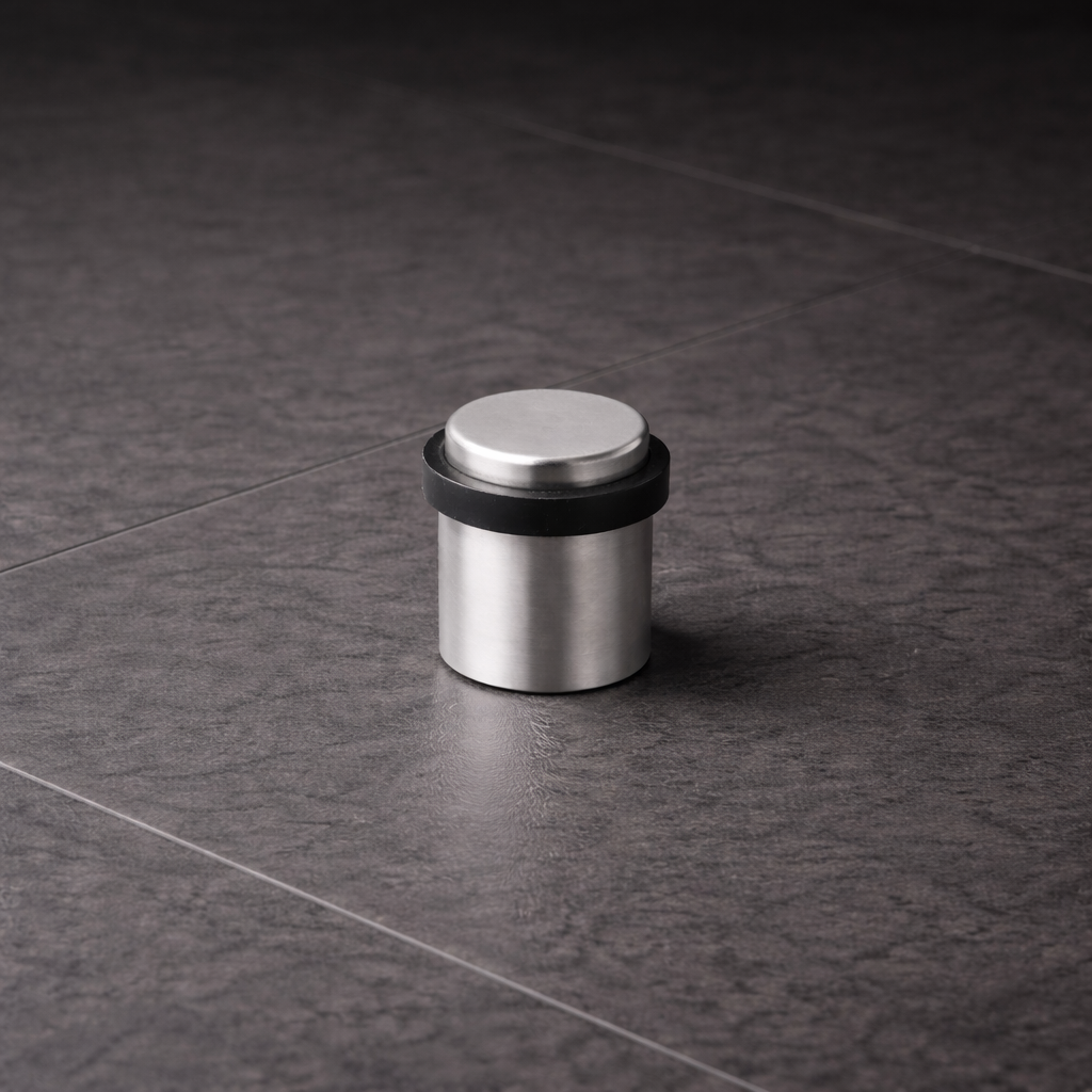 CBH 87 cylindrical floor door stop in satin chrome finish installed on tile floor