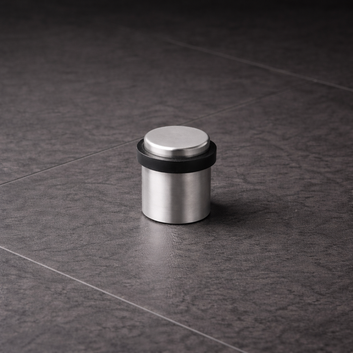 CBH 87 cylindrical floor door stop in satin chrome finish installed on tile floor