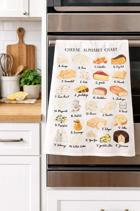 Cheese alphabet kitchen towel hanging on oven in modern kitchen setting with colorful cheese illustrations