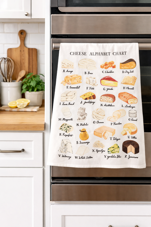 Cheese alphabet kitchen towel hanging on oven in modern kitchen setting with colorful cheese illustrations