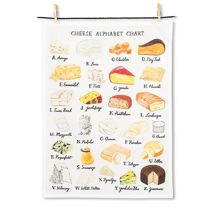 Cheese alphabet cotton kitchen towel featuring illustrated cheeses from A to Z on white fabric