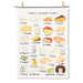 Cheese alphabet cotton kitchen towel featuring illustrated cheeses from A to Z on white fabric