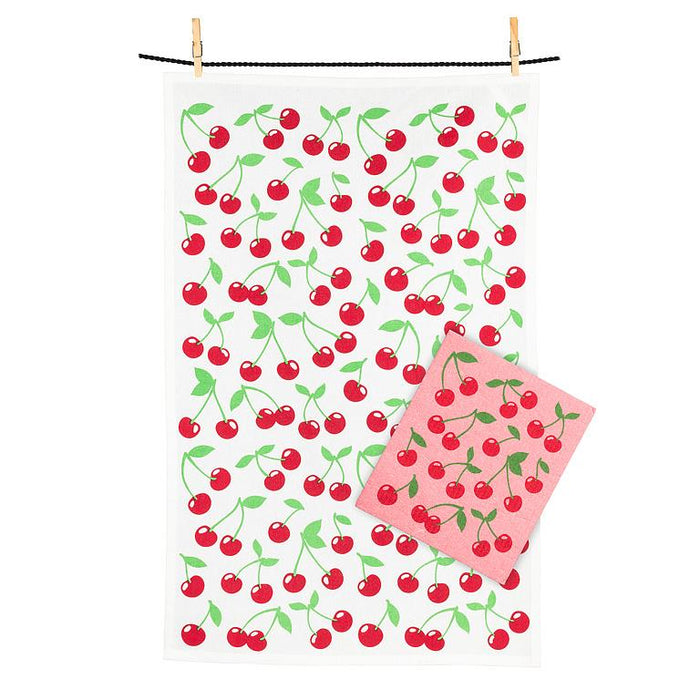 cherries dishcloth and kitchen towel set hanging display