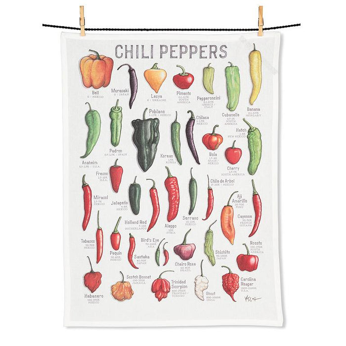 Chili peppers illustrated cotton kitchen towel featuring various colorful pepper types