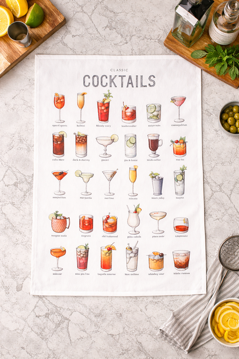 Cocktail kitchen towel displayed with drinks in a modern kitchen setting