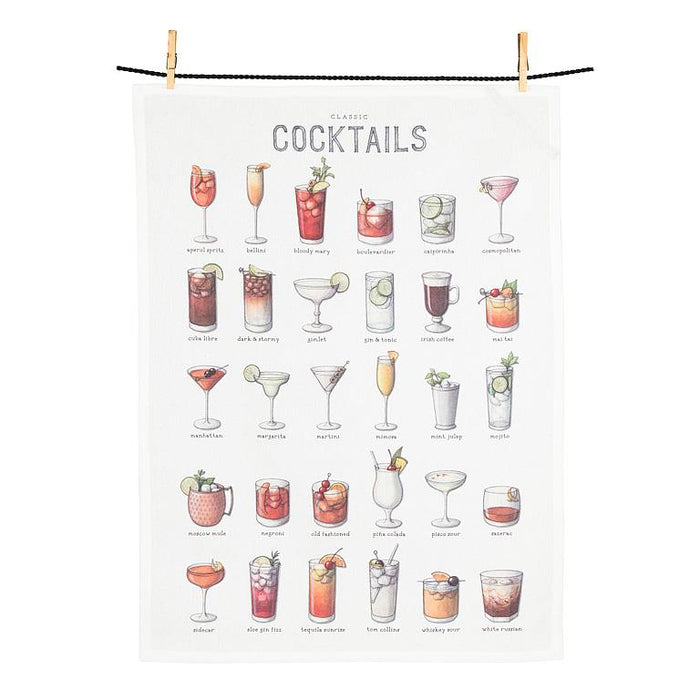 Cocktail illustrated cotton kitchen towel featuring classic drink designs