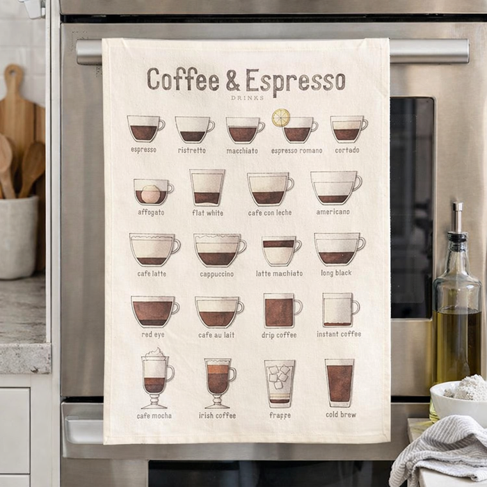 Coffee and espresso kitchen towel hanging in modern kitchen setting