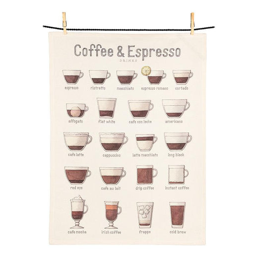 Coffee and espresso illustrated cotton kitchen towel showing different coffee drinks