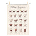 Coffee and espresso illustrated cotton kitchen towel showing different coffee drinks