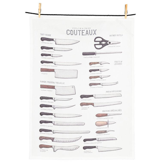 Knife illustration cotton kitchen towel featuring labeled kitchen knives on white fabric