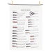 Knife illustration cotton kitchen towel featuring labeled kitchen knives on white fabric