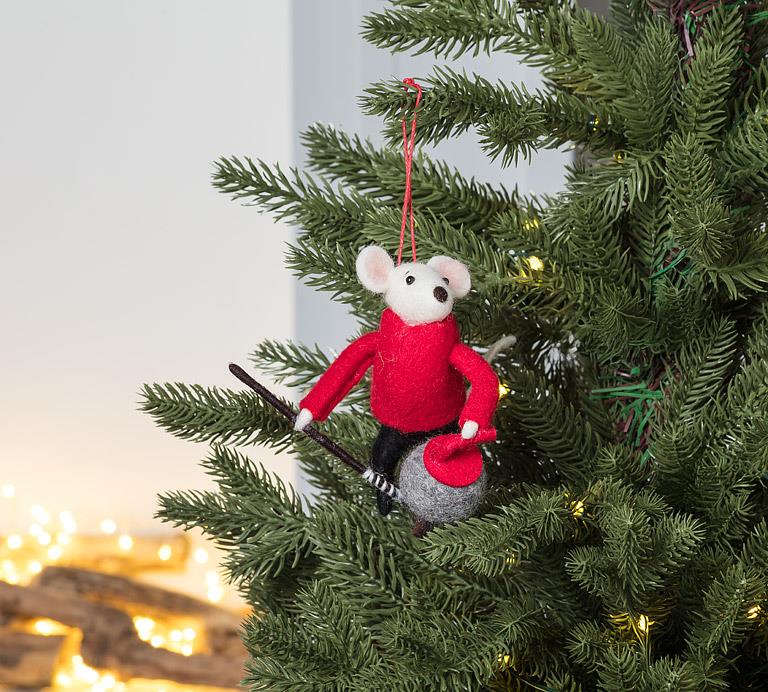 Felt curling mouse ornament hanging on tree holiday decor