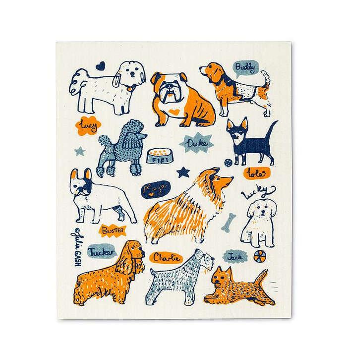 Swedish dishcloth with multiple dog illustrations and names eco friendly cleaning cloth