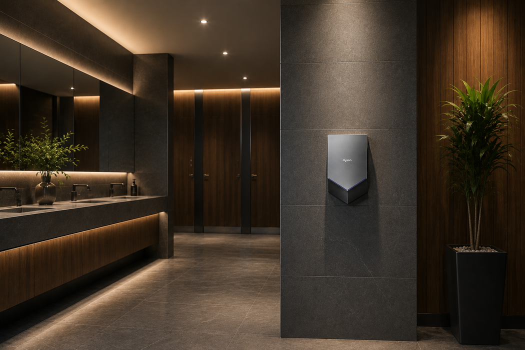Dyson Airblade V hand dryer installed in a luxury commercial restroom with dark stone walls, warm lighting, and premium modern interior design.