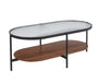 Vista oval coffee table with textured glass top, black metal frame and walnut-finish shelf