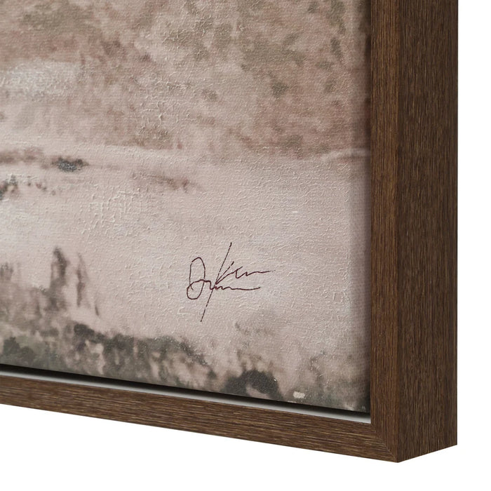 Close-up of the James Kofanty signature and brown frame on Everren Andora wall art