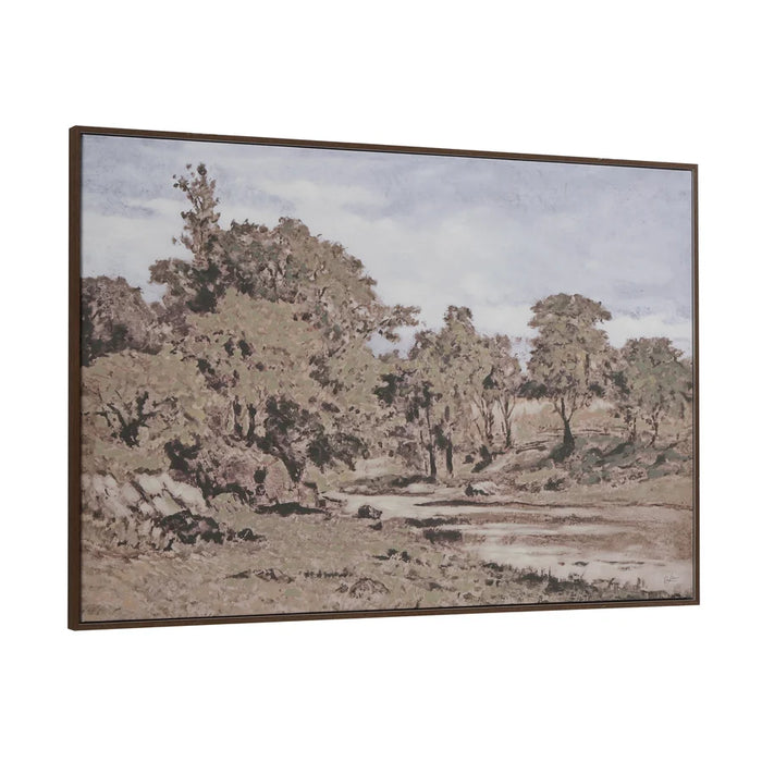 Angled view of Everren Andora framed landscape canvas wall art