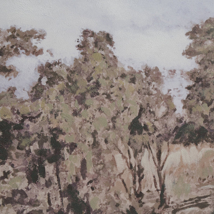 Close-up of the trees and hand-embellished texture on Everren Andora landscape canvas
