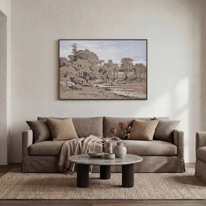 Everren Andora oversized landscape canvas displayed above a neutral living room sofa