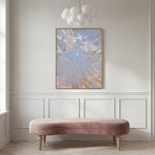 Everren Peridot soft blue abstract canvas displayed above a blush bench