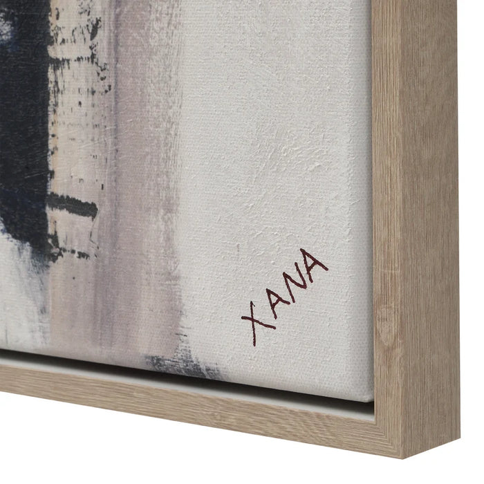 Close-up of the XANA signature and bleached wood-look frame on Everren Pietro wall art
