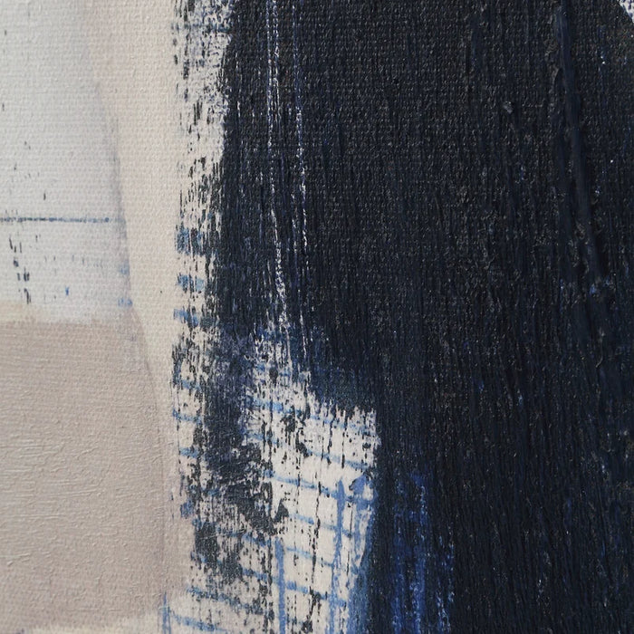 Close-up of black, beige and blue hand-embellished texture on Everren Pietro canvas
