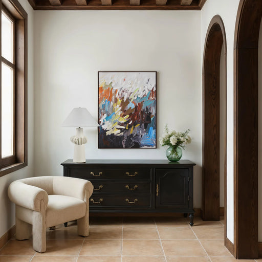 Everren Poise abstract canvas wall art displayed above a cabinet in a modern interior