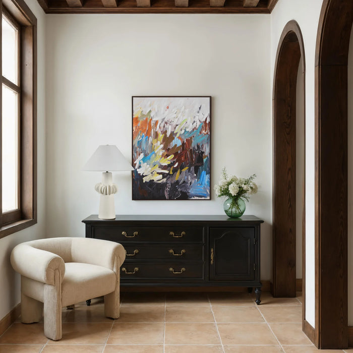 Everren Poise abstract canvas wall art displayed above a cabinet in a modern interior