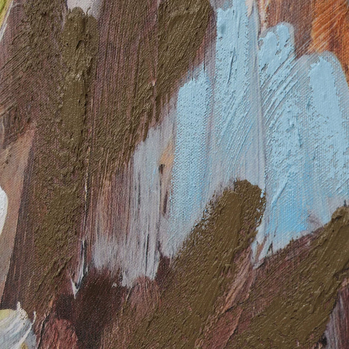 Close-up of blue and brown hand-embellished texture on Everren Poise abstract canvas