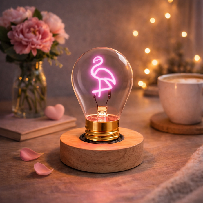 Flamingo neon LED light bulb on wooden base glowing on bedside table with cozy decor and warm lighting