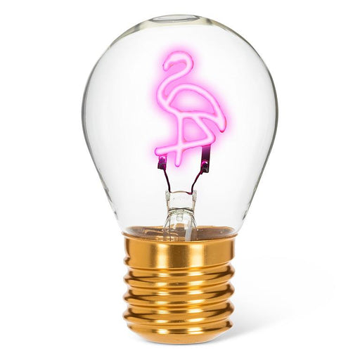 Flamingo neon LED light bulb with pink filament in clear glass on white background