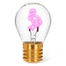 Flamingo neon LED light bulb with pink filament in clear glass on white background
