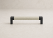 Häfele Elite Leather cabinet handle in black with Winter faux leather insert, 137 mm overall length and 128 mm centre-to-centre.