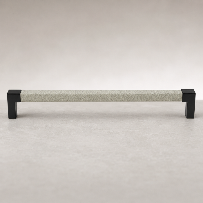 Häfele Elite Leather cabinet handle in black with Winter faux leather insert, 265 mm overall length and 256 mm centre-to-centre.