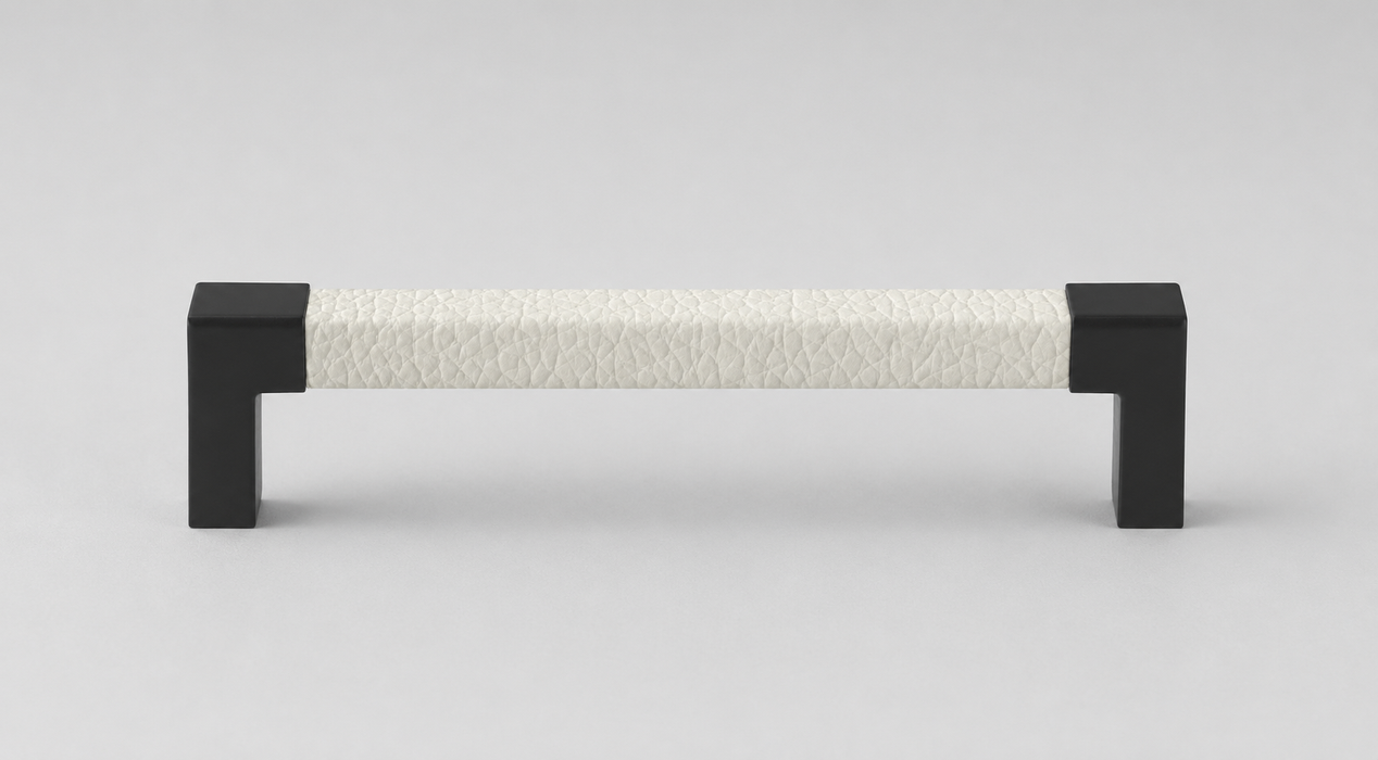 Häfele Elite Leather cabinet handle in black finish with Winter faux leather insert.