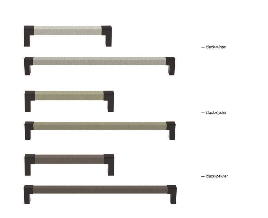 Häfele Elite Leather Collection finish comparison showing Black Winter, Black Oyster, and Black Pewter