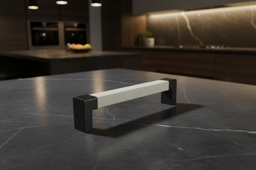Häfele Elite Leather cabinet handle installed on modern kitchen cabinetry
