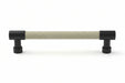 Häfele Elite Leather cabinet pull in Matte Black and Oyster faux leather, 152 mm overall length with 128 mm centre-to-centre.