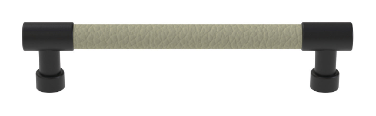 Häfele Elite Leather cabinet pull in Matte Black and Oyster faux leather, 152 mm overall length with 128 mm centre-to-centre.