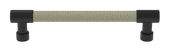 Häfele Elite Leather cabinet pull in Matte Black and Oyster faux leather, 152 mm overall length with 128 mm centre-to-centre.