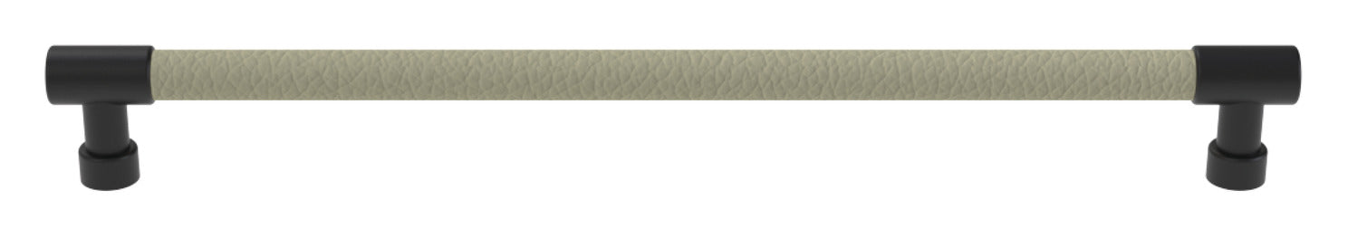 Häfele Elite Leather cabinet pull in Matte Black and Oyster faux leather, 279 mm overall length with 256 mm centre-to-centre.