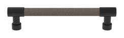 Häfele Elite Leather cabinet pull in Matte Black and Pewter faux leather, 152 mm overall length with 128 mm centre-to-centre.